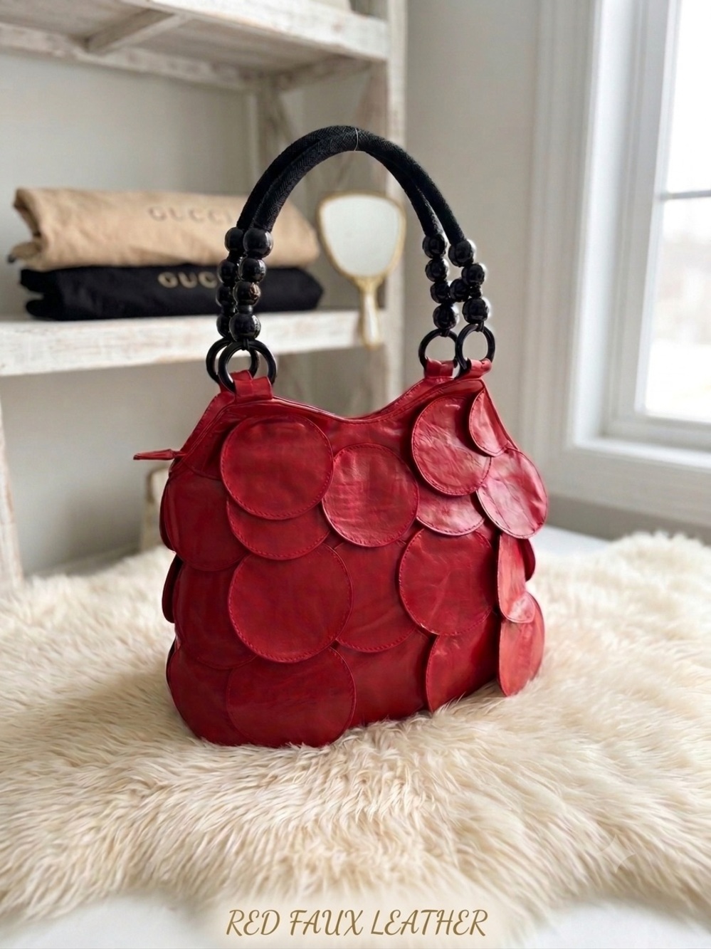 Vibrant Red Scalloped "Scale" Handbag with Chunky Beaded Handles